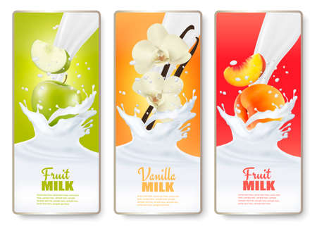 Set of three labels of of fruit in milk splashes. Apple, vanilla,  peach. Vector.のイラスト素材