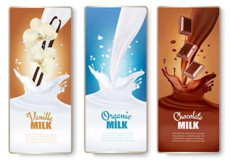 Set of banners with chocolate and milk splashes. Vector.のイラスト素材