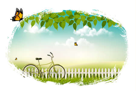 Spring nature meadow landscape with a bicycle. Vector.のイラスト素材