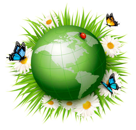 Ecology concept.Green Globe and Grass with Flowers. Vector illustration.のイラスト素材
