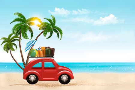 Beach background with a tourist car. Vector.のイラスト素材