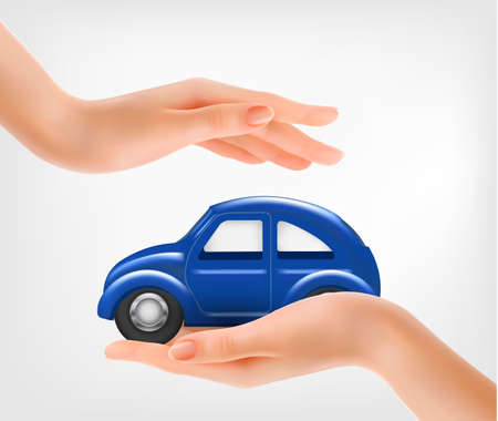 Hands, holding a blue model car. Vector.のイラスト素材
