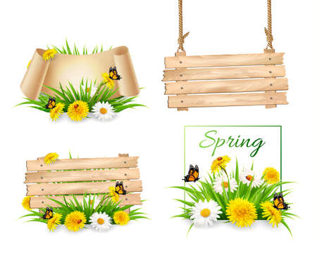 Set of spring nature banners with flowers and a wooden sign. Vector.のイラスト素材