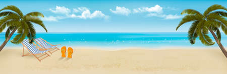 Beach with palm trees and beach chair. Summer vacation concept background. Vector.のイラスト素材