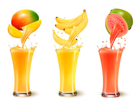Set of fruit juice splash in a glass. Mango, banana and guava. Vectorのイラスト素材