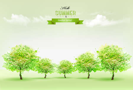 Summer nature background with green trees and landscape. Vector.のイラスト素材