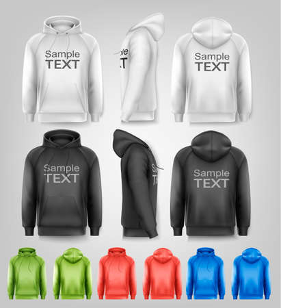 Set of black and white and colorful male hoodies with sample text space. Vectorのイラスト素材