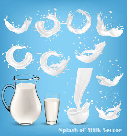 Splash of milk on transparent background. Vector setのイラスト素材