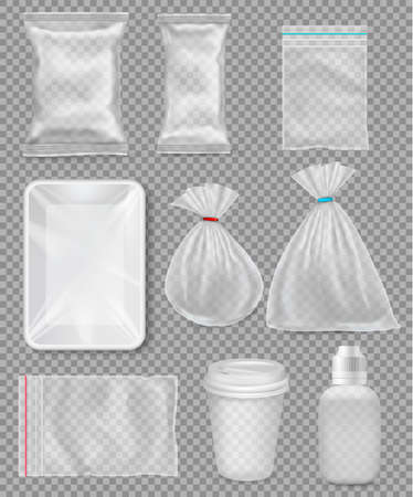 Big set of polypropylene plastic packaging - sacks, tray, cup on transparent background. Vector illustrationのイラスト素材