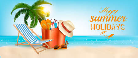 Tropical island with palms, a beach chair and a ocean. Vacation vector banner.のイラスト素材