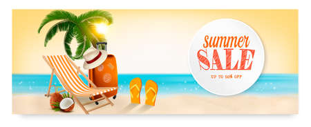 Summer sale banner with a beach vacation background. Vector.のイラスト素材