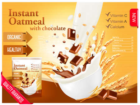 Instant porridge advert concept. Milk flowing into a bowl with grain and chocolate. Vector.のイラスト素材