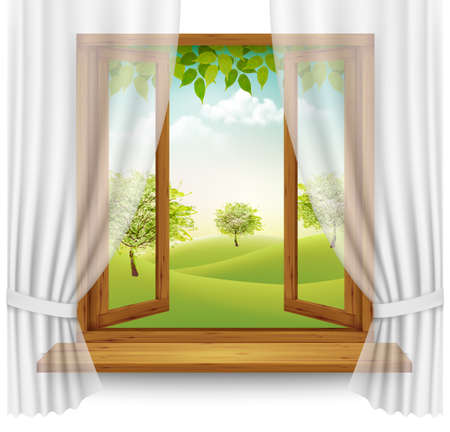 Nature summer background with wooden window frame with curtains Vectorのイラスト素材