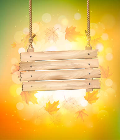 Autumn background with leaves. and wooden sign. Vector.のイラスト素材