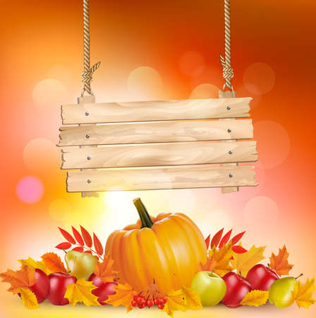 Autumn background with leaves and wooden sign. Vector.のイラスト素材