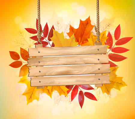 Autumn background with leaves. and wooden sign. Vector.のイラスト素材