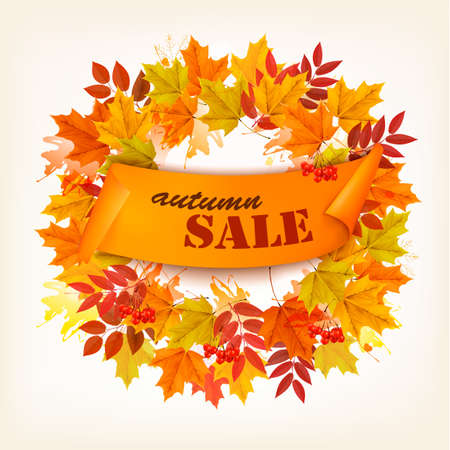 Autumn Sales Card With Colorful Leaves. Vector.のイラスト素材