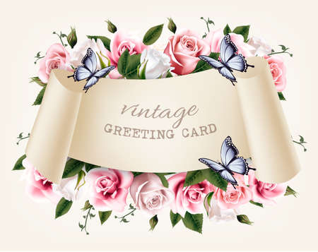 Natural vintage greeting frame with roses and butterfly. Vector.のイラスト素材