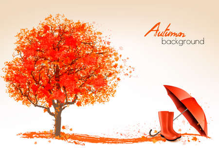 Autumn banners with trees and umbrella and rain boots. Vector.のイラスト素材