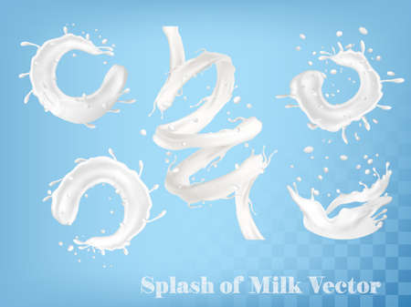 Splash of milk and on transparent background. Vector setのイラスト素材