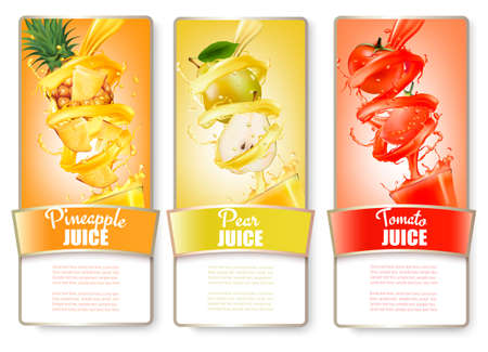 Set of three labels of of fruit in juice splash. Pineapple, pear, tomato. Vector.のイラスト素材