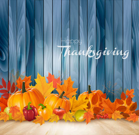 Happy Thanksgiving background with autumn vegetables and colorful leaves.のイラスト素材