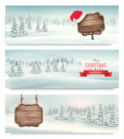 Holiday Christmas banners with winter landscape and wooden signのイラスト素材