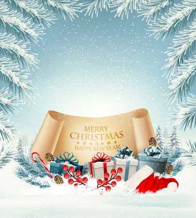Holiday Christmas background with Santa Hat and a gift boxes and old paper. Vectorのイラスト素材