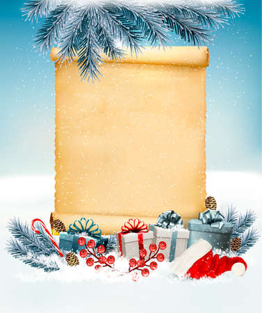 Holiday Christmas background with Santa Hat and a gift boxes and old paper. Vectorのイラスト素材