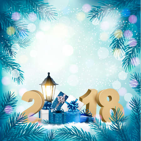 Merry Christmas Background with 2018 and gift boxes and branch of tree.のイラスト素材