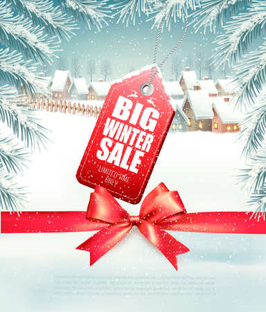Big Sale Tag on Christmas background with branches of tree and winter village.のイラスト素材