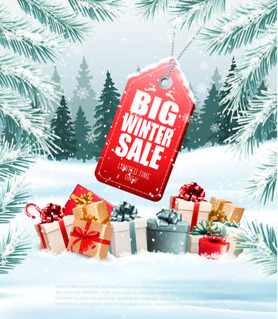 Winter Sale Tag on Christmas background with branches of tree and gift boxes.のイラスト素材