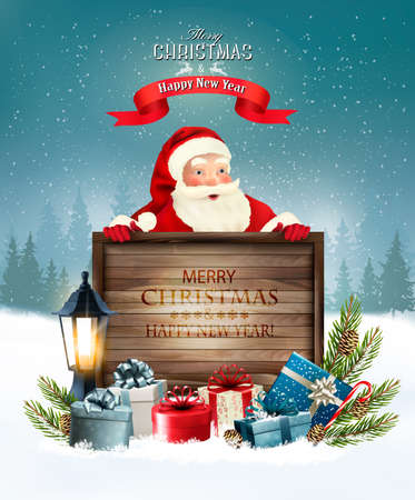 Christmas holiday background with Santa Claus holding a wooden sign and presents. Vector illustrationのイラスト素材
