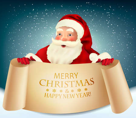 Vector vintage Christmas greeting card with Santa Claus holding a  a paper signboard.のイラスト素材