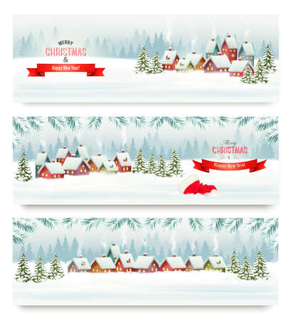 Three Holiday Christmas banners with a winter village and landscape. Vectorのイラスト素材