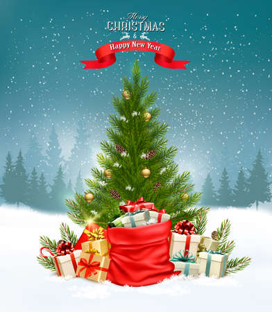 Christmas holiday background with a tree and a colorful gift boxes. Vectorのイラスト素材