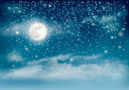 Merry Christmas Holiday winter landscape background with snowflakes and moon. Vectorのイラスト素材