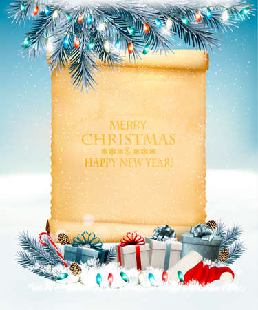 Holiday Christmas background with Santa Hat and a gift boxes and old paper. Vectorのイラスト素材