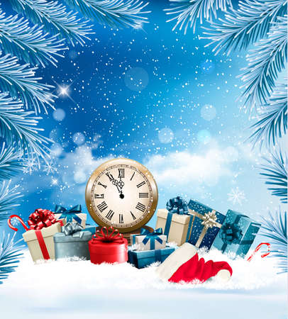 Holiday Christmas background with a gift boxes and clock. Vector. のイラスト素材