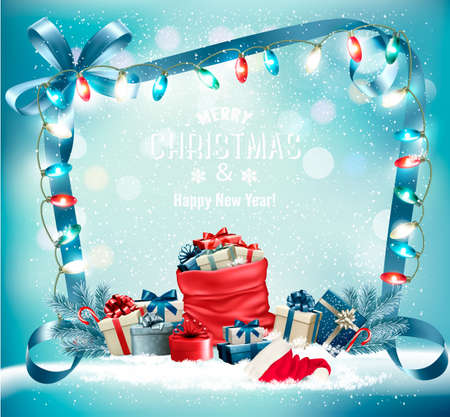 Holiday Christmas background with a sack full of gift boxes and garland. Vector.のイラスト素材
