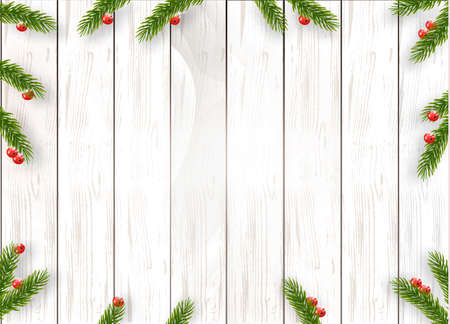 Christmas holiday decoration with branches of tree and wooden board. Vector.のイラスト素材