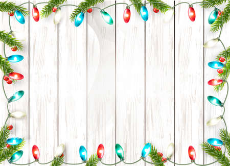 Christmas holiday decoration with branches of tree and wooden board and garland. Vector.のイラスト素材