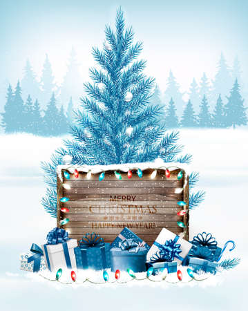 Christmas holiday background with a blue tree and wooden board. Vector.のイラスト素材