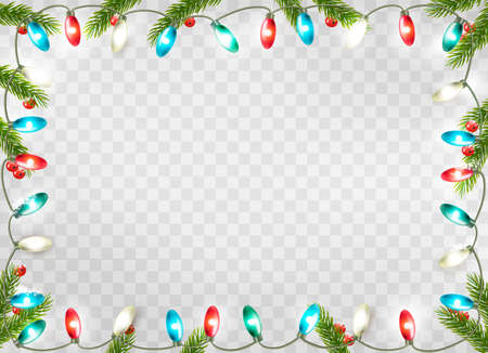 Christmas holiday decoration with branches of tree and garland on transparent background. Vector.のイラスト素材