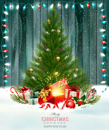 Christmas holiday background with a green tree and magic box. Vector.のイラスト素材