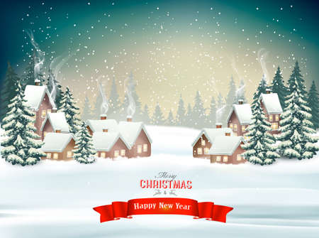 Holiday Christmas background with a winter village and trees. Vector.のイラスト素材