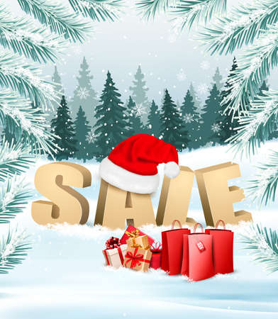 Winter Sale background with branches of tree and shopping bags. Vectorのイラスト素材