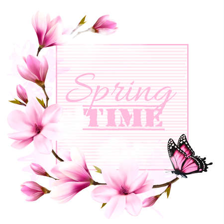 Nature spring background with beautiful magnolia branches and butterfly.のイラスト素材