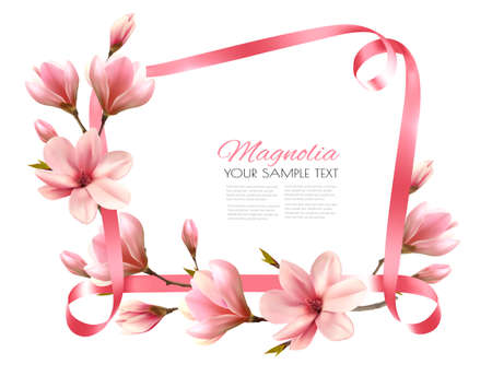 Beautiful nature background with blossom branch of magnolia and pink のイラスト素材
