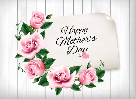 Mother's Day background with a pink roses and wooden sign. Vector.のイラスト素材